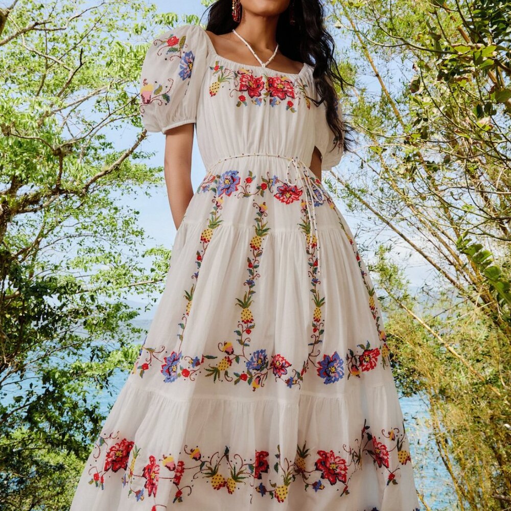 FARM Rio Off-White Tropical Porcelain Embroidered Maxi Dress